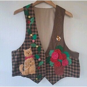 Vintage Cat Vest Handmade Flowers L/XL 90's Kitschy Grandma Kitty Art Deco Top